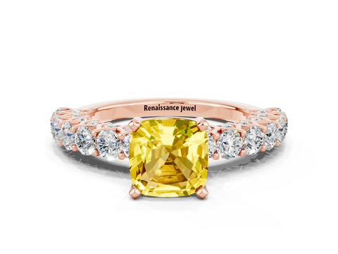 Rose gold Cushion Cut Yellow Sapphire Solitaire Ring with Shared Prong Pavé Band and Four-Prong Setting