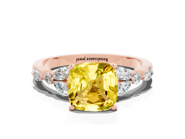Rose gold Cushion Cut Yellow Sapphire Solitaire Ring with Side Stones and Four-Prong Setting