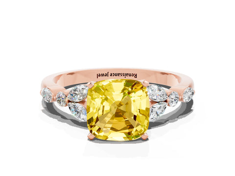 Rose gold Cushion Cut Yellow Sapphire Solitaire Ring with Side Stones and Four-Prong Setting_12