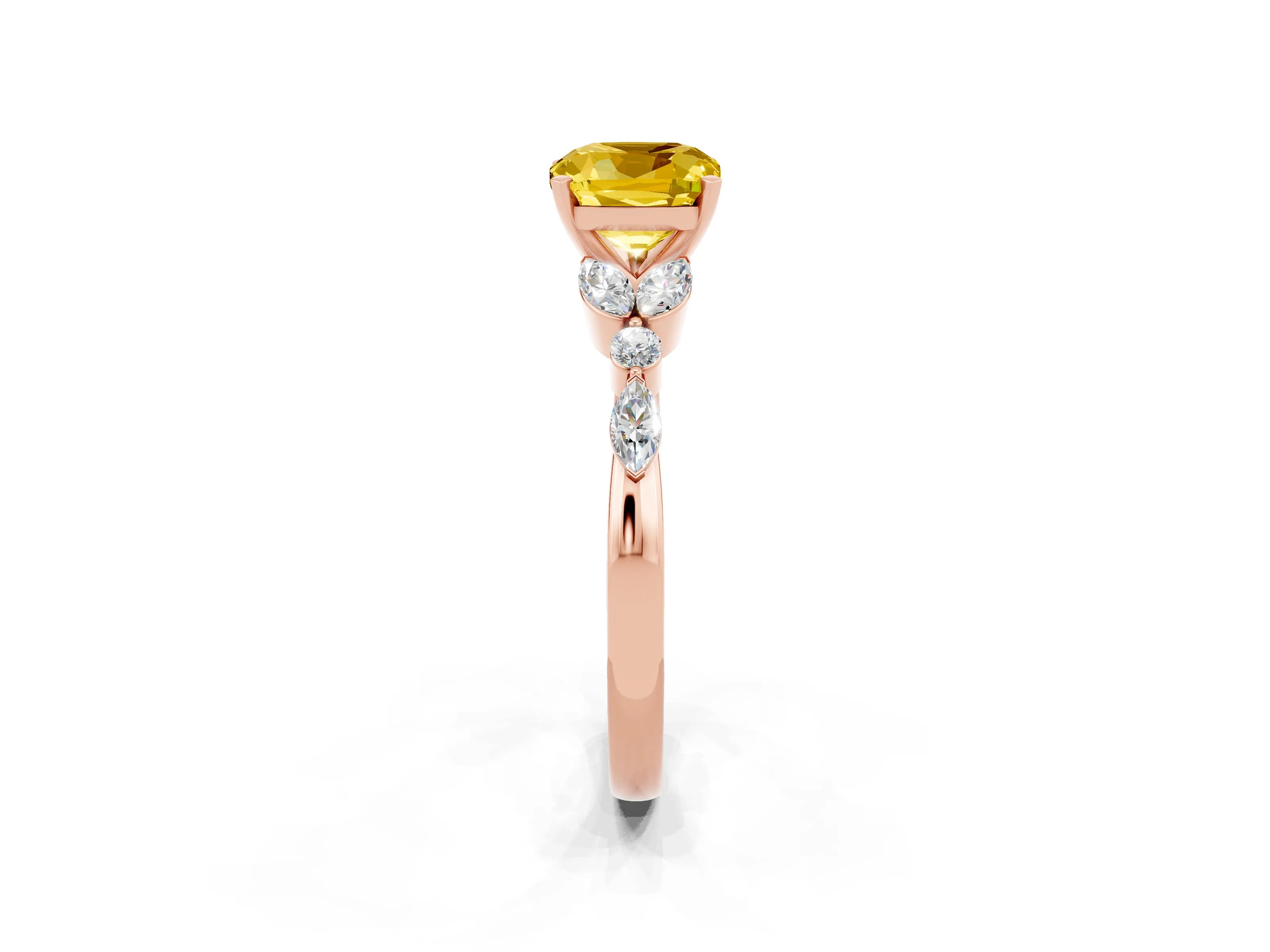 Rose gold Cushion Cut Yellow Sapphire Solitaire Ring with Side Stones and Four-Prong Setting_14