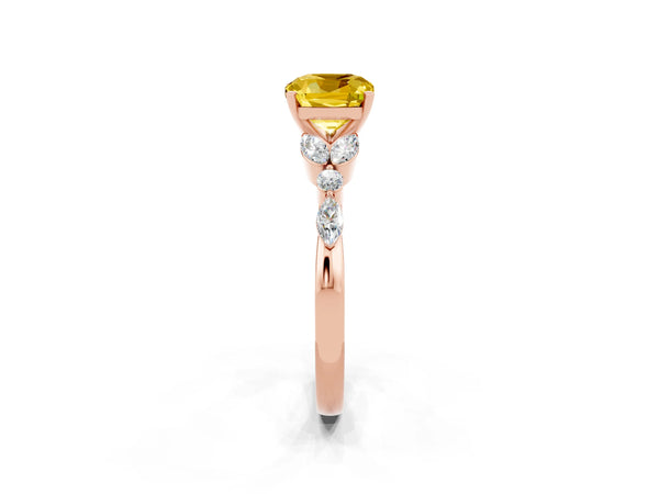 Rose gold Cushion Cut Yellow Sapphire Solitaire Ring with Side Stones and Four-Prong Setting