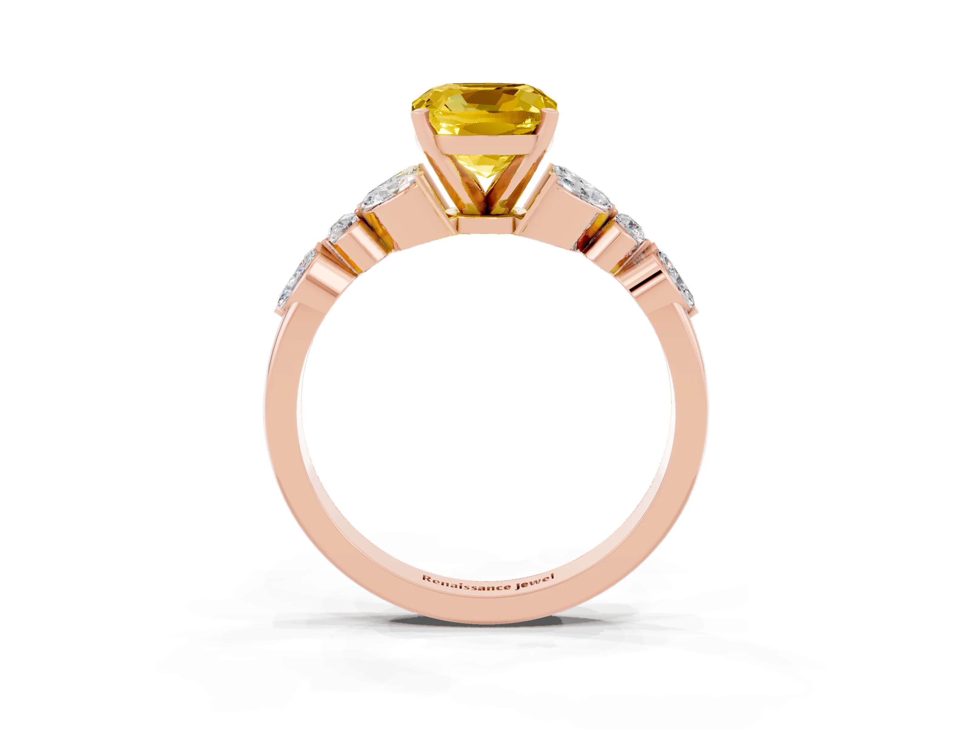 Rose gold Cushion Cut Yellow Sapphire Solitaire Ring with Side Stones and Four-Prong Setting_15