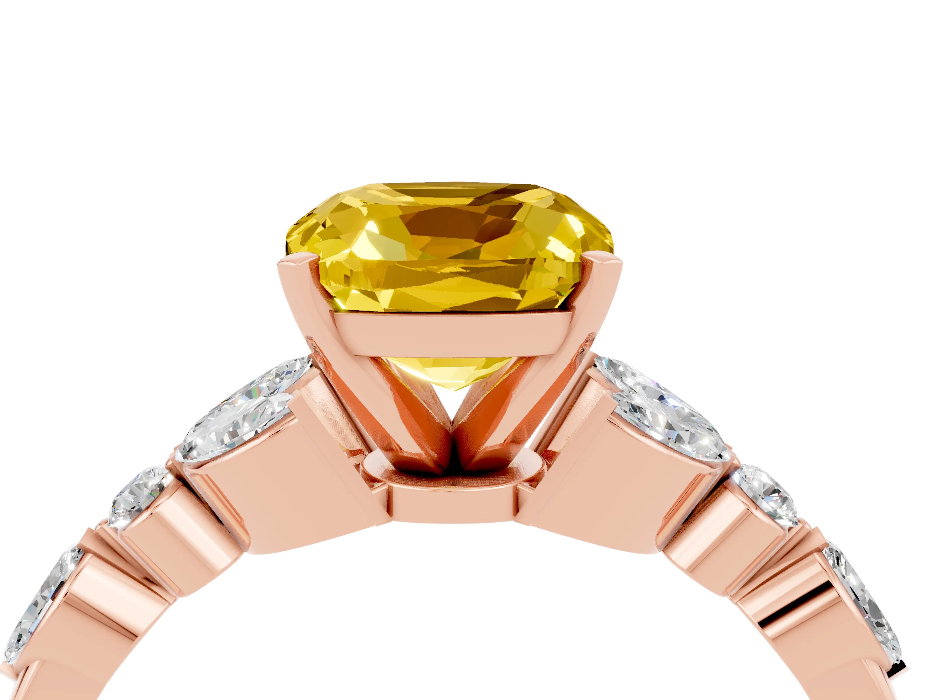 Rose gold Cushion Cut Yellow Sapphire Solitaire Ring with Side Stones and Four-Prong Setting_16