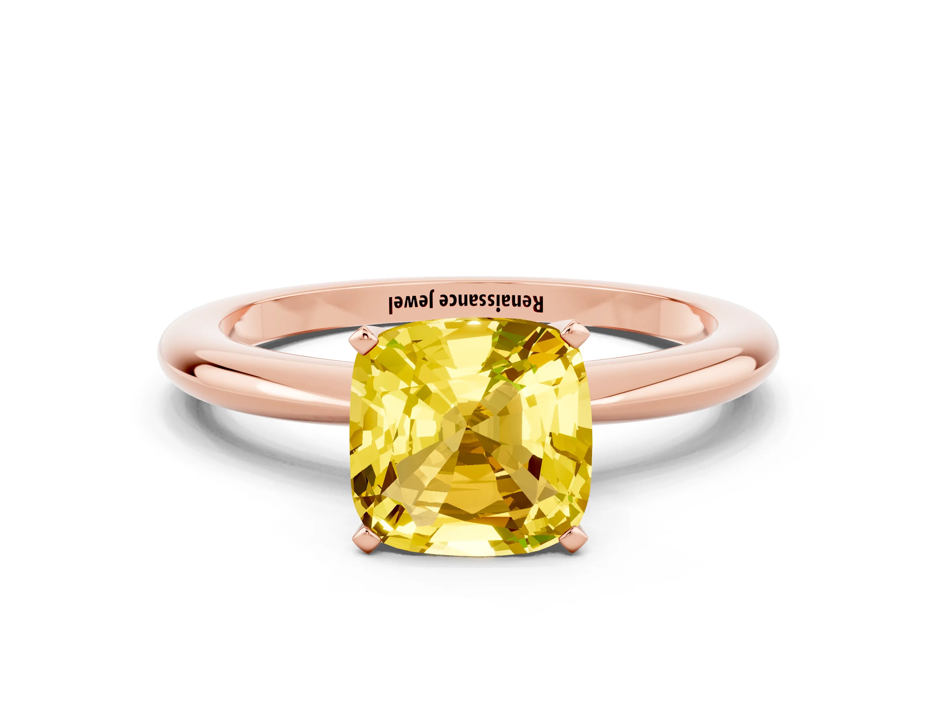 Rose gold Cushion Cut Yellow Sapphire Solitaire Ring with Six-Prong Setting and Classic Band