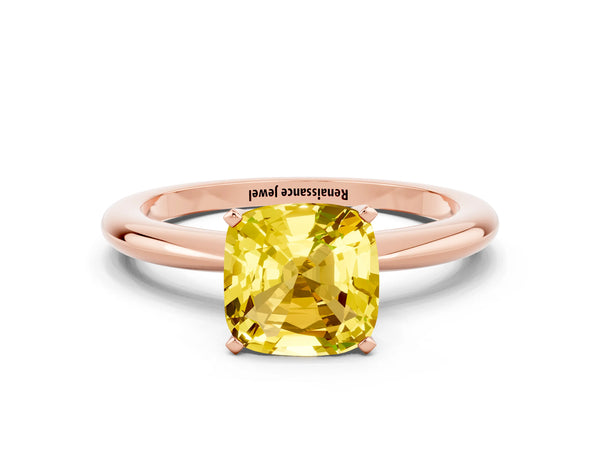 Rose gold Cushion Cut Yellow Sapphire Solitaire Ring with Six-Prong Setting and Classic Band