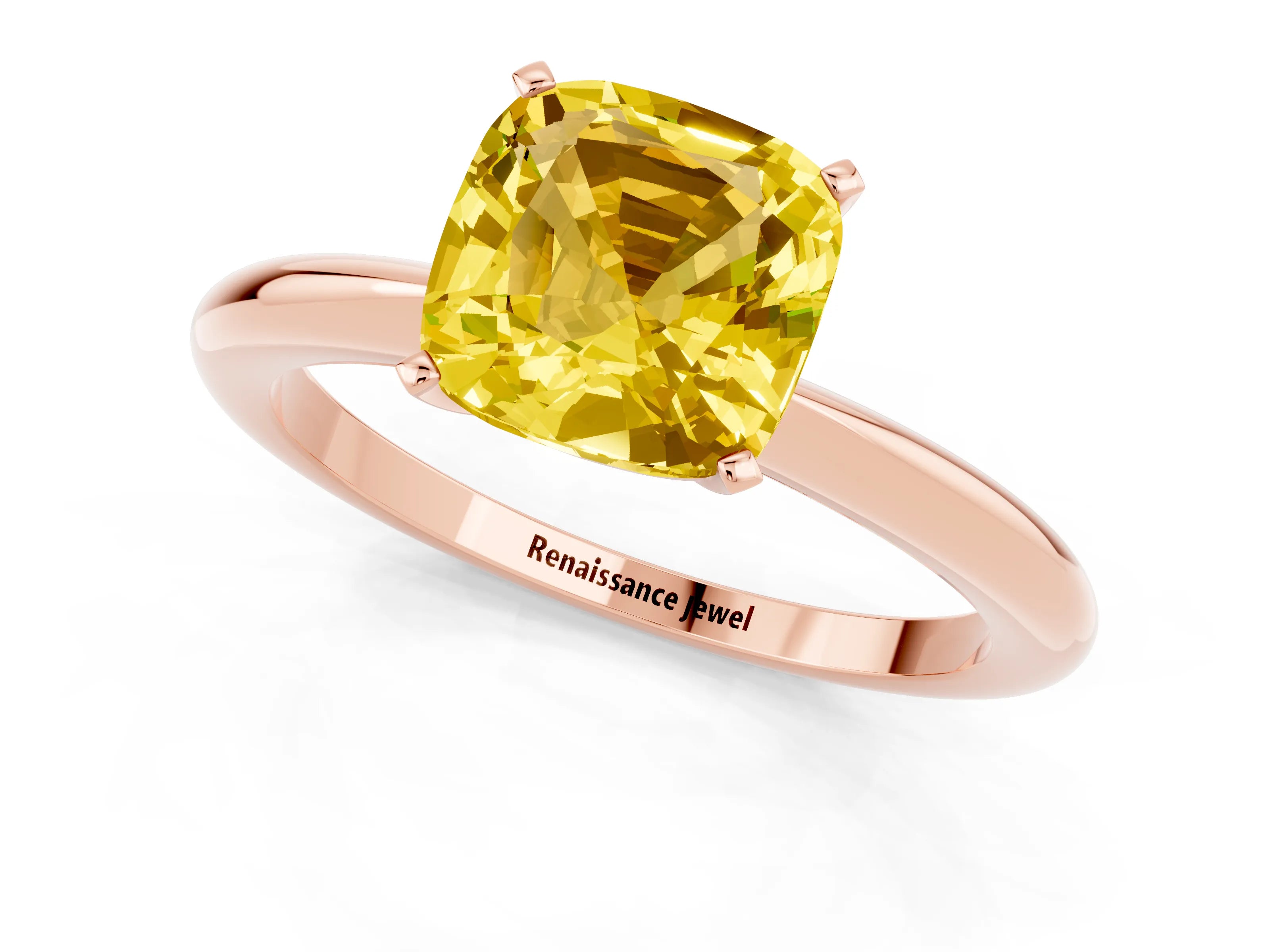 Rose gold Cushion Cut Yellow Sapphire Solitaire Ring with Six-Prong Setting and Classic Band_1
