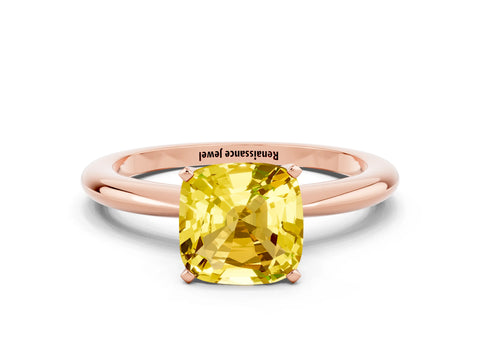 Rose gold Cushion Cut Yellow Sapphire Solitaire Ring with Six-Prong Setting and Classic Band