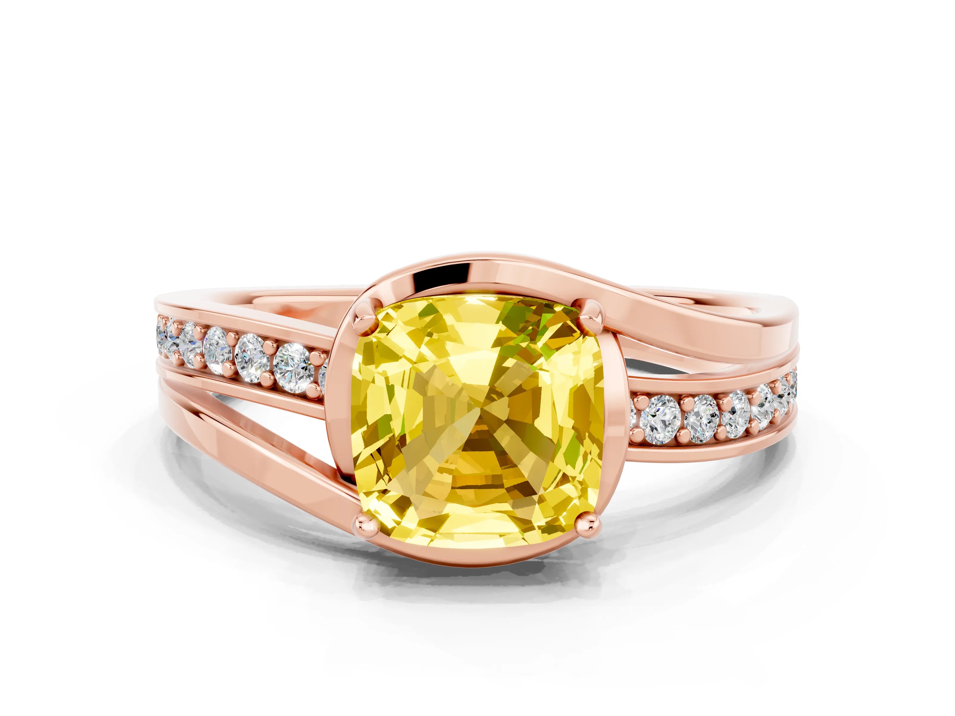 Rose gold Cushion Cut Yellow Sapphire Solitaire Ring with Split Shank and Prong Setting