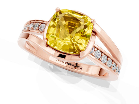 Rose gold Cushion Cut Yellow Sapphire Solitaire Ring with Split Shank and Prong Setting_1
