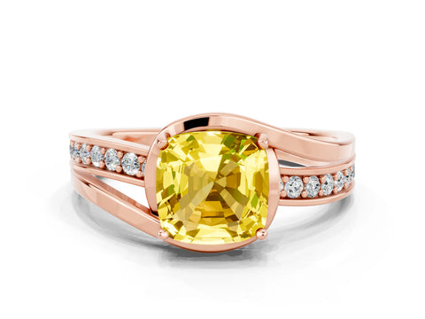 Rose gold Cushion Cut Yellow Sapphire Solitaire Ring with Split Shank and Prong Setting