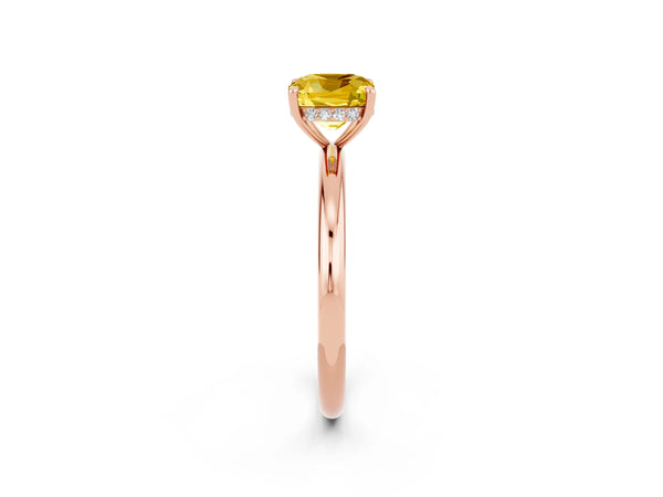 Rose gold Cushion Cut Yellow Sapphire Solitaire Ring with Thin Band and Four-Prong Setting