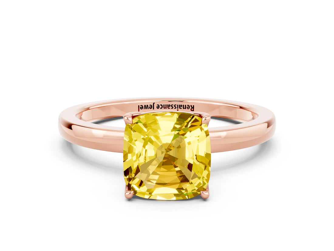 Rose gold Cushion Cut Yellow Sapphire Solitaire Ring with Thin Band and Prong Setting_12
