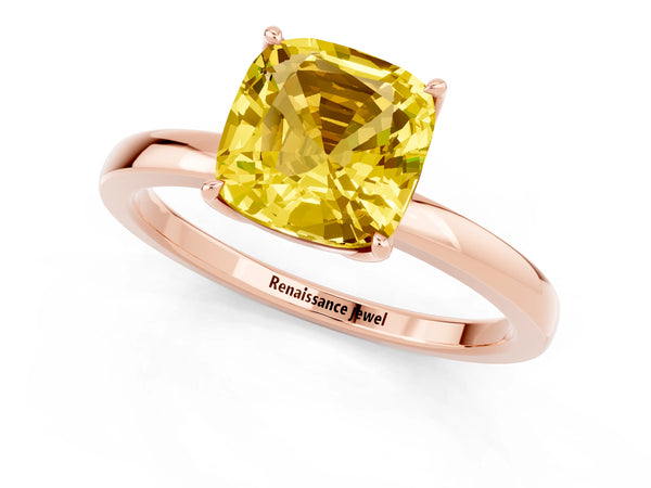 Rose gold Cushion Cut Yellow Sapphire Solitaire Ring with Thin Band and Prong Setting