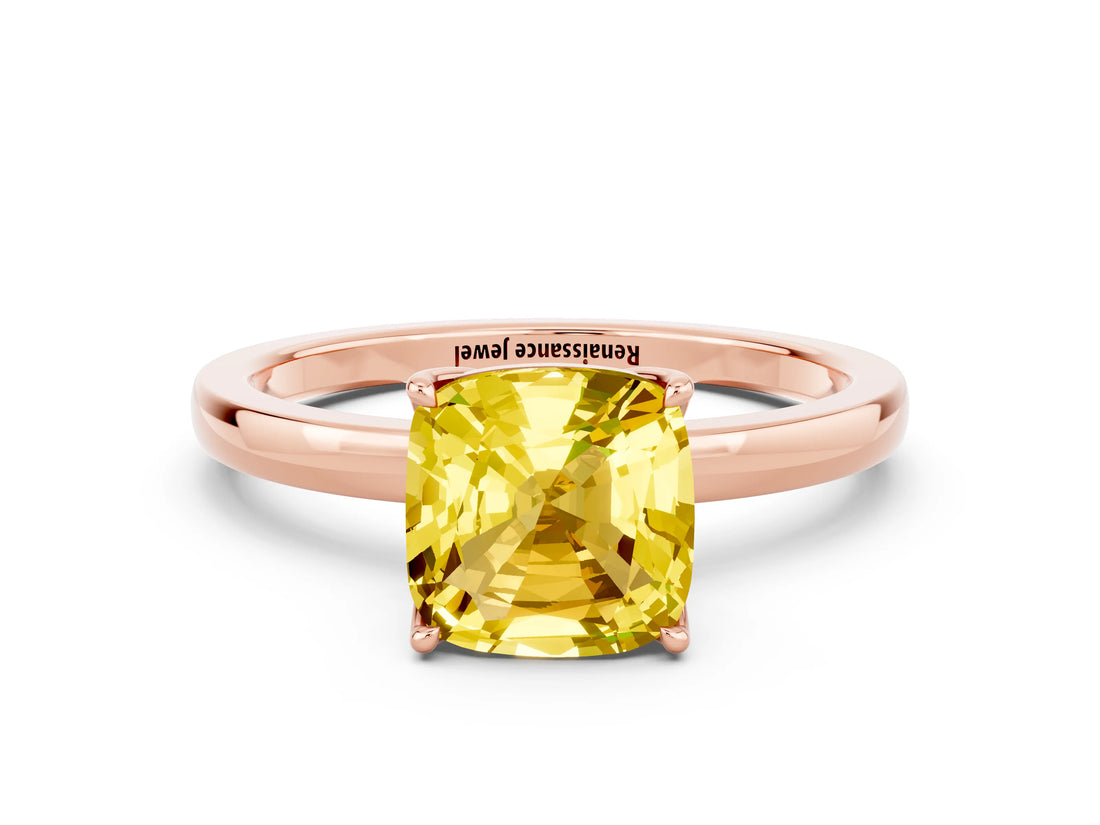 Rose gold Cushion Cut Yellow Sapphire Solitaire Ring with Thin Band and Prong Setting_24