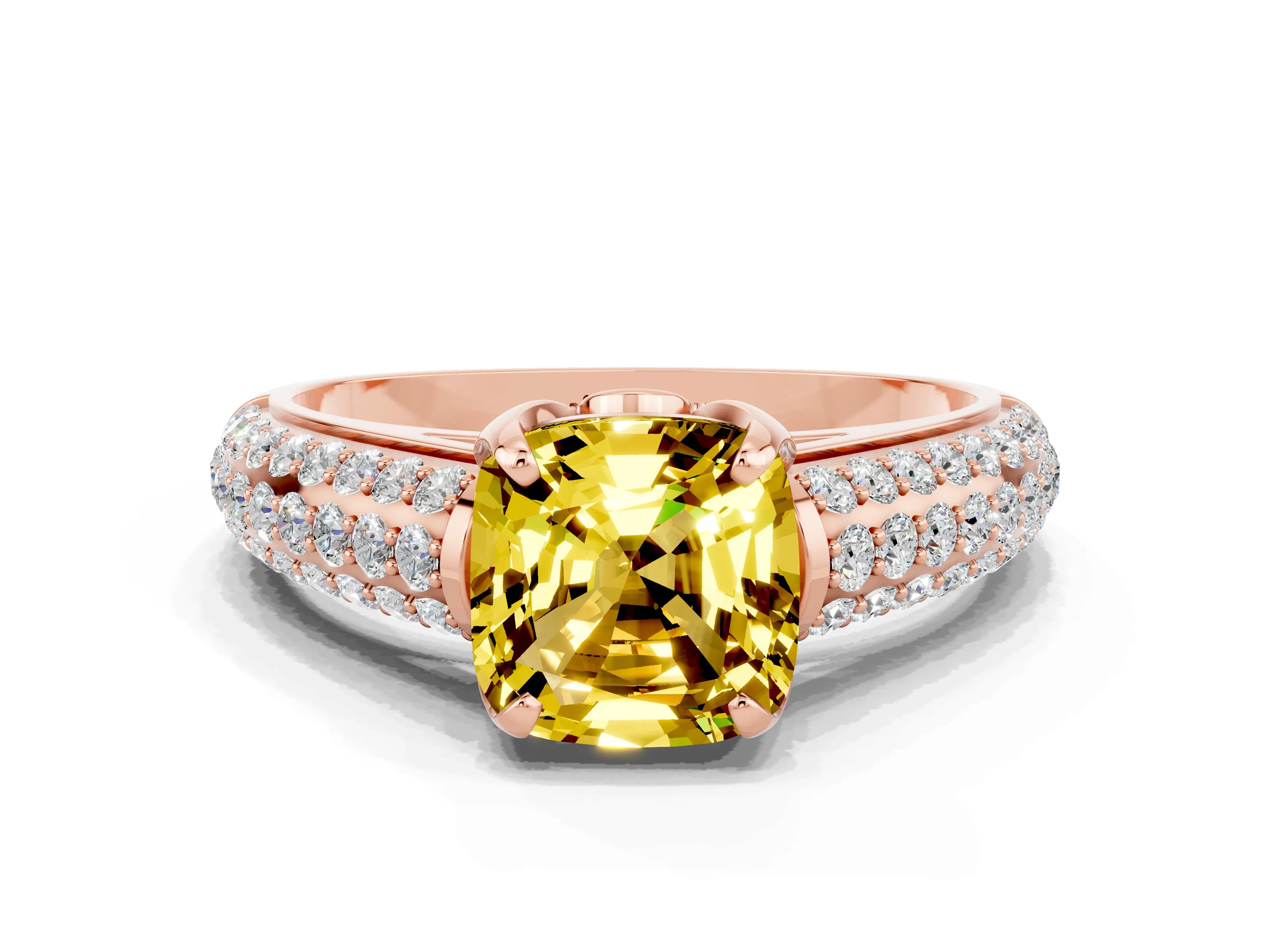 Rose gold Cushion Cut Yellow Sapphire Solitaire Ring with Three-Row Pavé Band and Four-Prong Setting_12