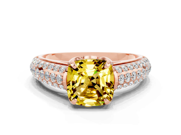 Rose gold Cushion Cut Yellow Sapphire Solitaire Ring with Three-Row Pavé Band and Four-Prong Setting