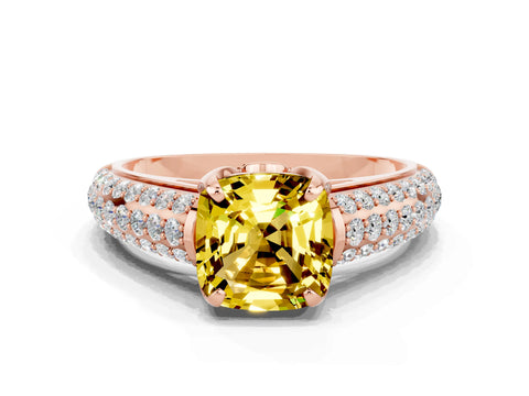 Rose gold Cushion Cut Yellow Sapphire Solitaire Ring with Three-Row Pavé Band and Four-Prong Setting_12