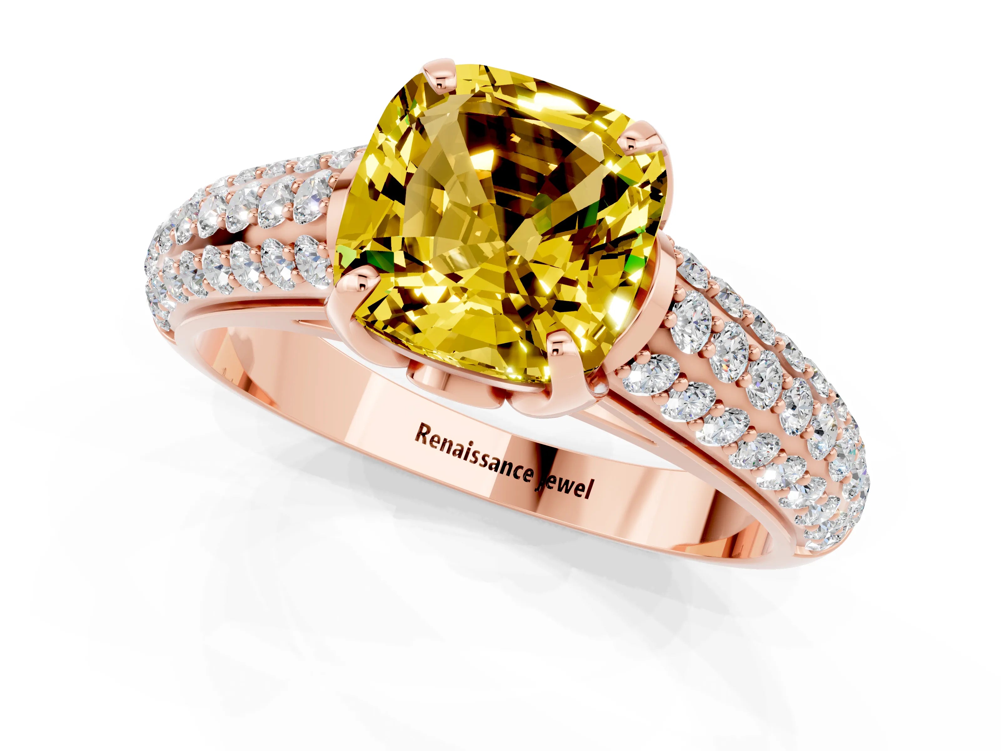 Rose gold Cushion Cut Yellow Sapphire Solitaire Ring with Three-Row Pavé Band and Four-Prong Setting_13