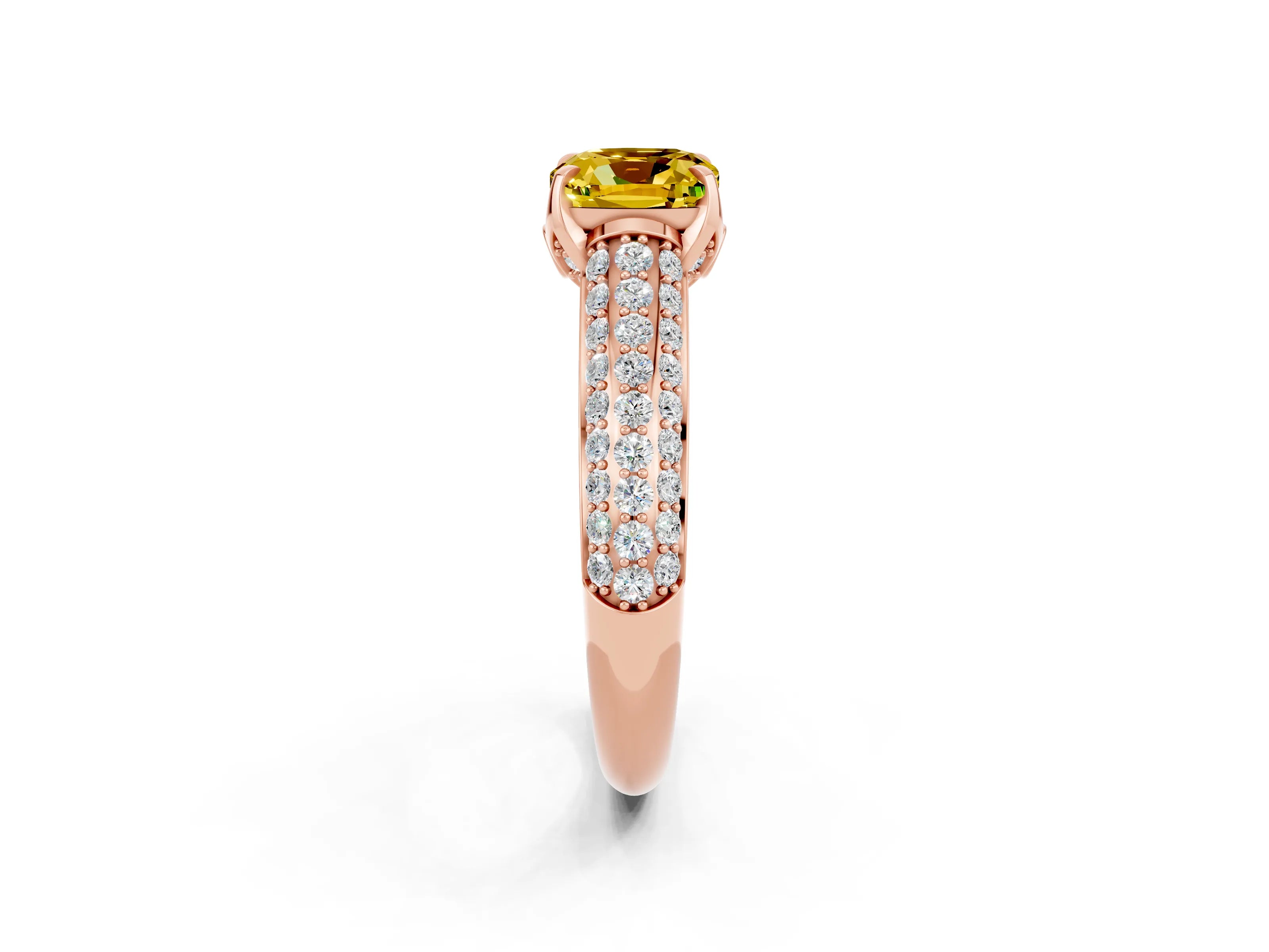 Rose gold Cushion Cut Yellow Sapphire Solitaire Ring with Three-Row Pavé Band and Four-Prong Setting_14