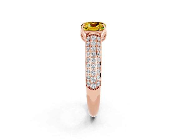Rose gold Cushion Cut Yellow Sapphire Solitaire Ring with Three-Row Pavé Band and Four-Prong Setting