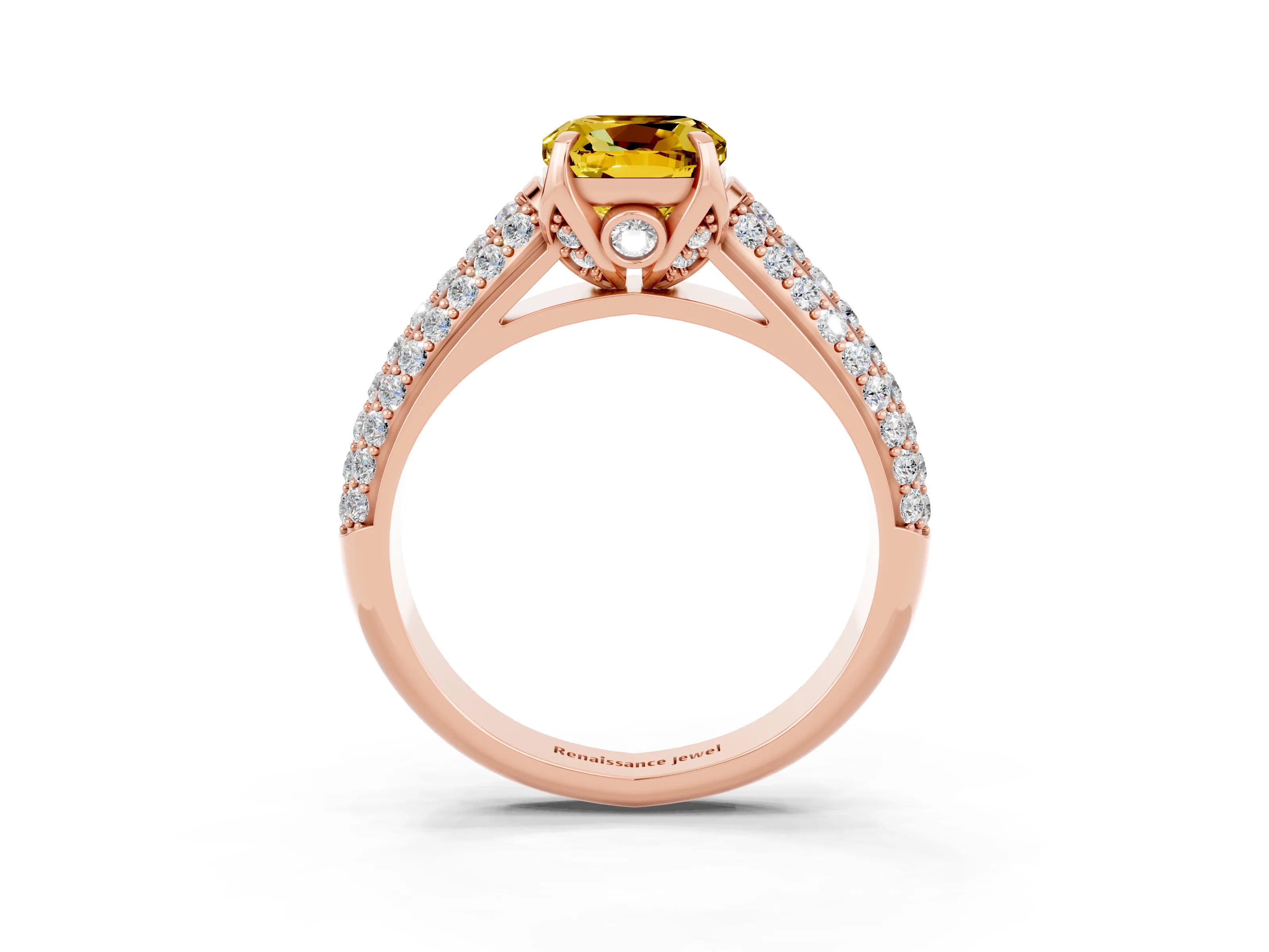 Rose gold Cushion Cut Yellow Sapphire Solitaire Ring with Three-Row Pavé Band and Four-Prong Setting_15