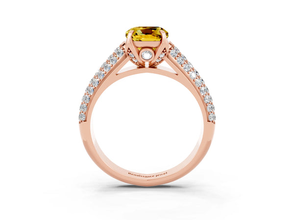 Rose gold Cushion Cut Yellow Sapphire Solitaire Ring with Three-Row Pavé Band and Four-Prong Setting