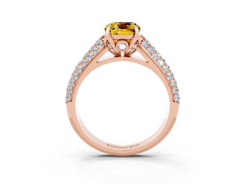 Rose gold Cushion Cut Yellow Sapphire Solitaire Ring with Three-Row Pavé Band and Four-Prong Setting_15