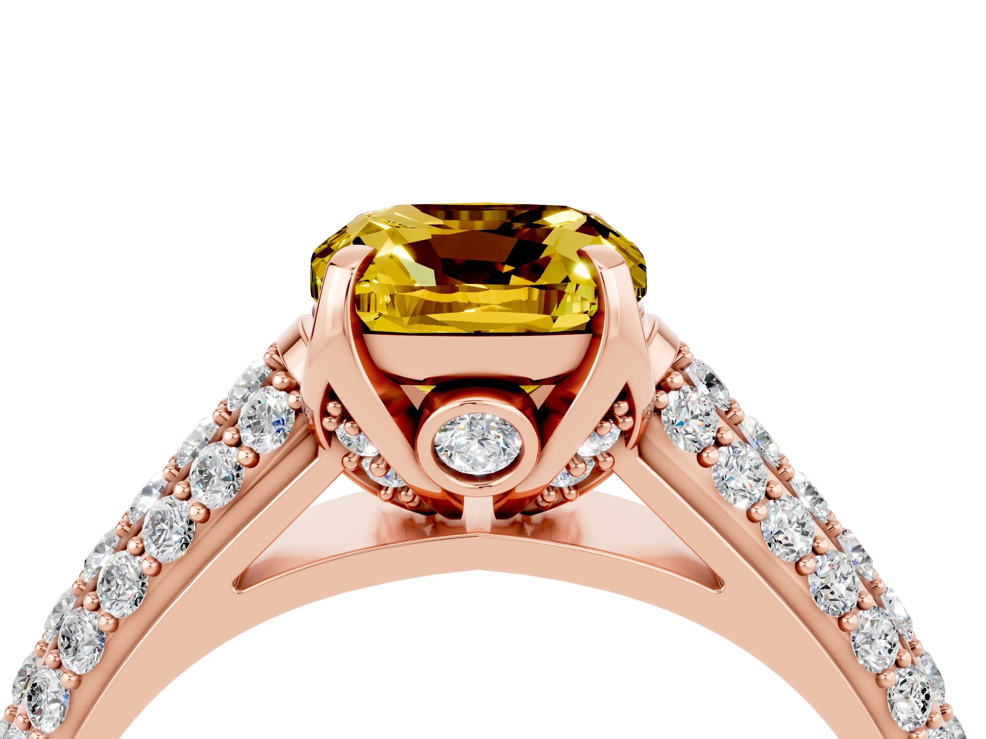Rose gold Cushion Cut Yellow Sapphire Solitaire Ring with Three-Row Pavé Band and Four-Prong Setting_16