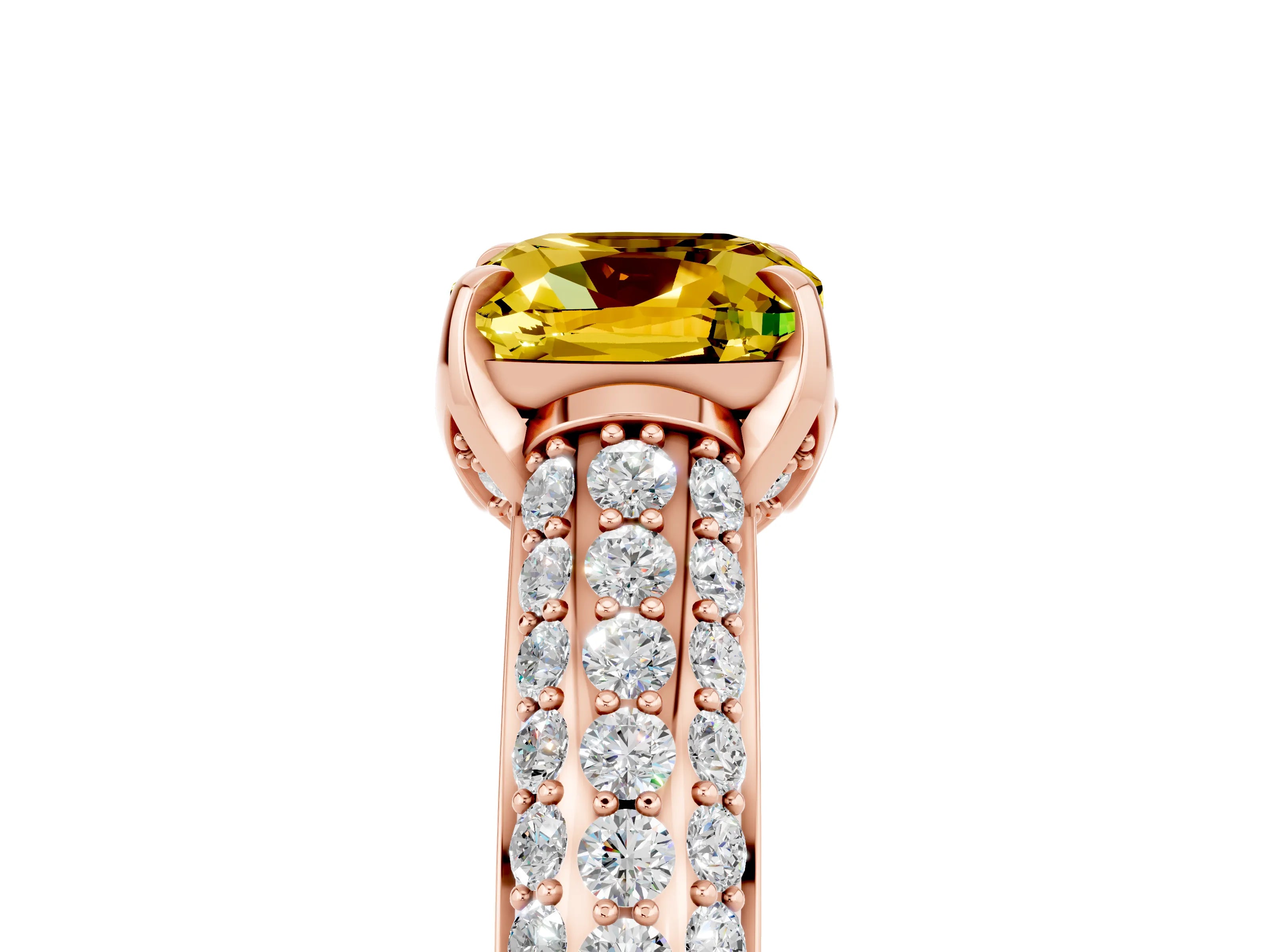Rose gold Cushion Cut Yellow Sapphire Solitaire Ring with Three-Row Pavé Band and Four-Prong Setting_17