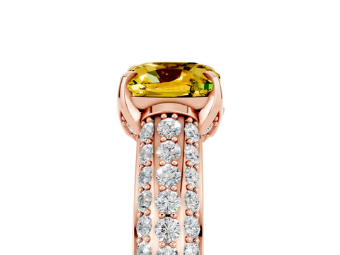 Rose gold Cushion Cut Yellow Sapphire Solitaire Ring with Three-Row Pavé Band and Four-Prong Setting_17