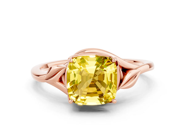 Rose gold Cushion Cut Yellow Sapphire Solitaire Ring with Twist Band and Four-Prong Setting