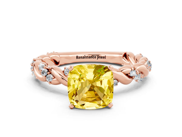 Rose gold Cushion Cut Yellow Sapphire Solitaire Ring with Twisted Band and Pavé Accents