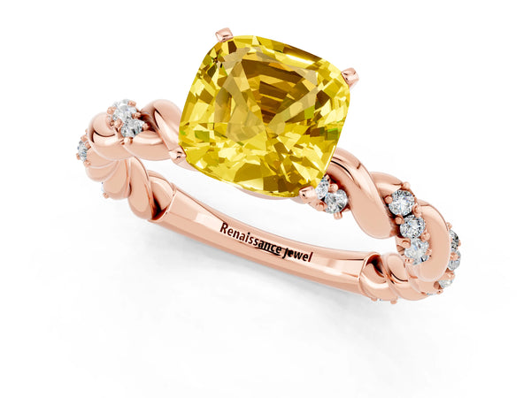 Rose gold Cushion Cut Yellow Sapphire Solitaire Ring with Twisted Band and Pavé Accents