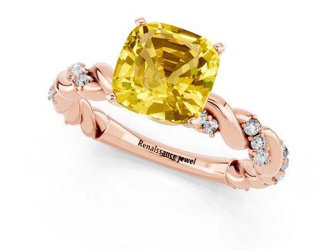 Rose gold Cushion Cut Yellow Sapphire Solitaire Ring with Twisted Band and Pavé Accents_1