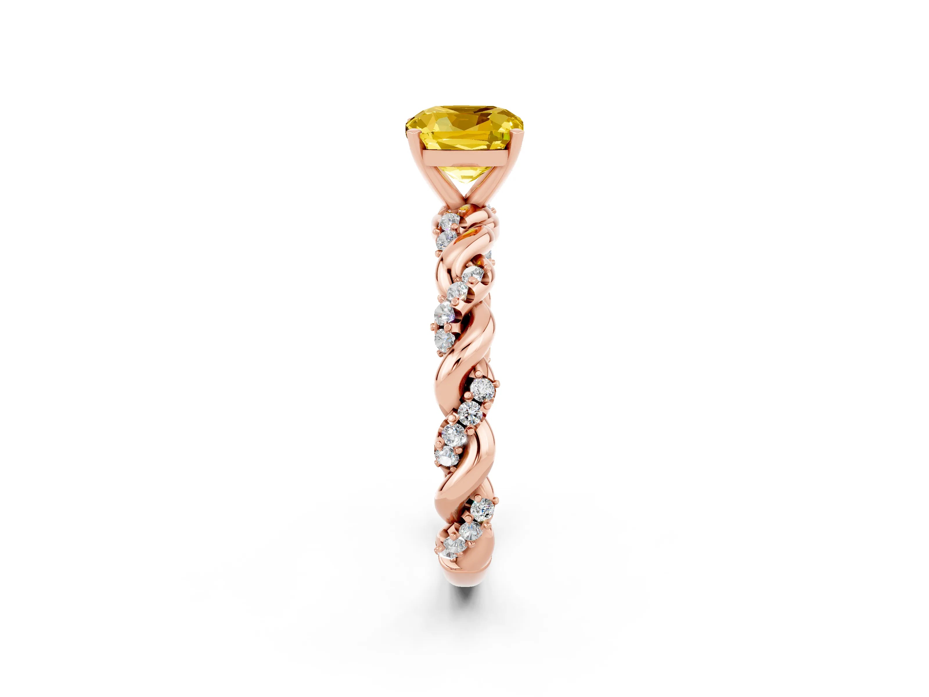 Rose gold Cushion Cut Yellow Sapphire Solitaire Ring with Twisted Band and Pavé Accents_2