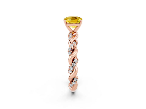 Rose gold Cushion Cut Yellow Sapphire Solitaire Ring with Twisted Band and Pavé Accents_2