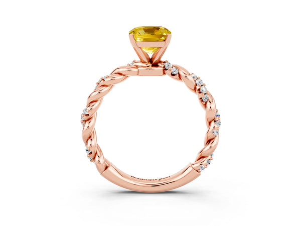 Rose gold Cushion Cut Yellow Sapphire Solitaire Ring with Twisted Band and Pavé Accents