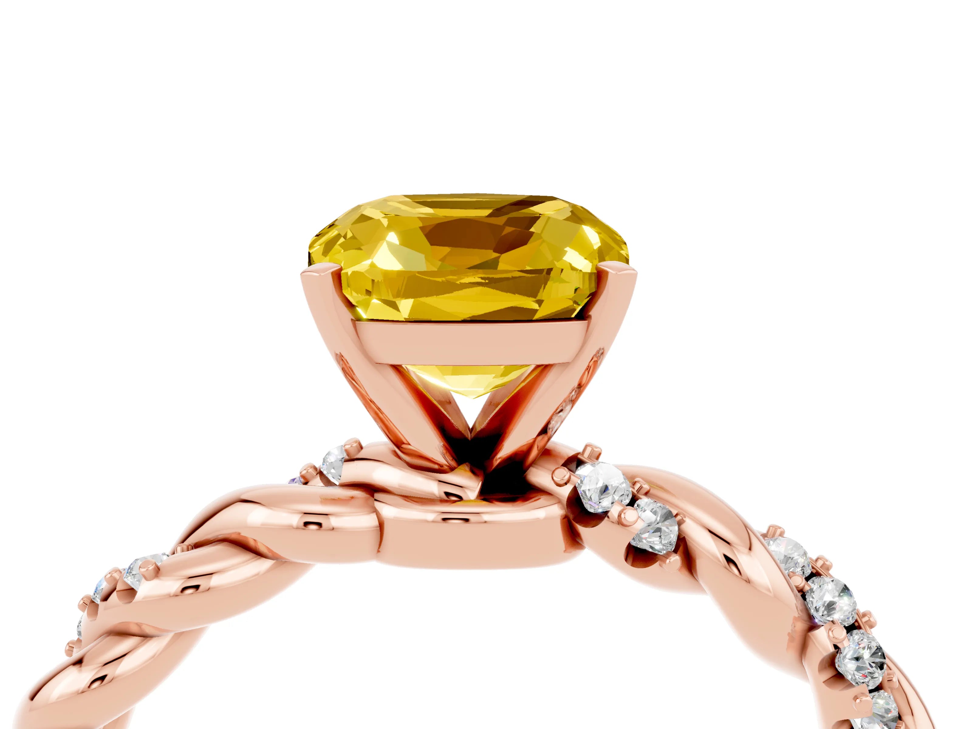 Rose gold Cushion Cut Yellow Sapphire Solitaire Ring with Twisted Band and Pavé Accents_4
