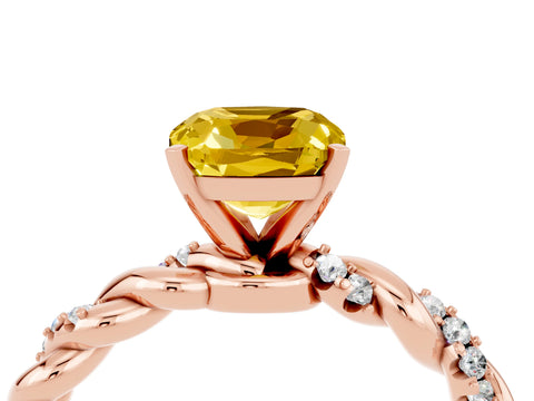 Rose gold Cushion Cut Yellow Sapphire Solitaire Ring with Twisted Band and Pavé Accents_4