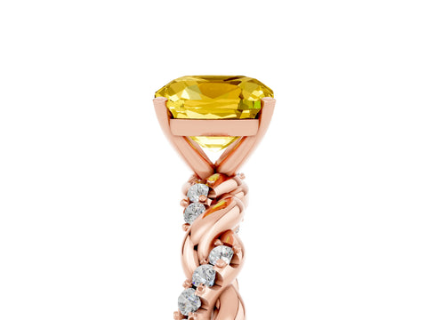 Rose gold Cushion Cut Yellow Sapphire Solitaire Ring with Twisted Band and Pavé Accents_5