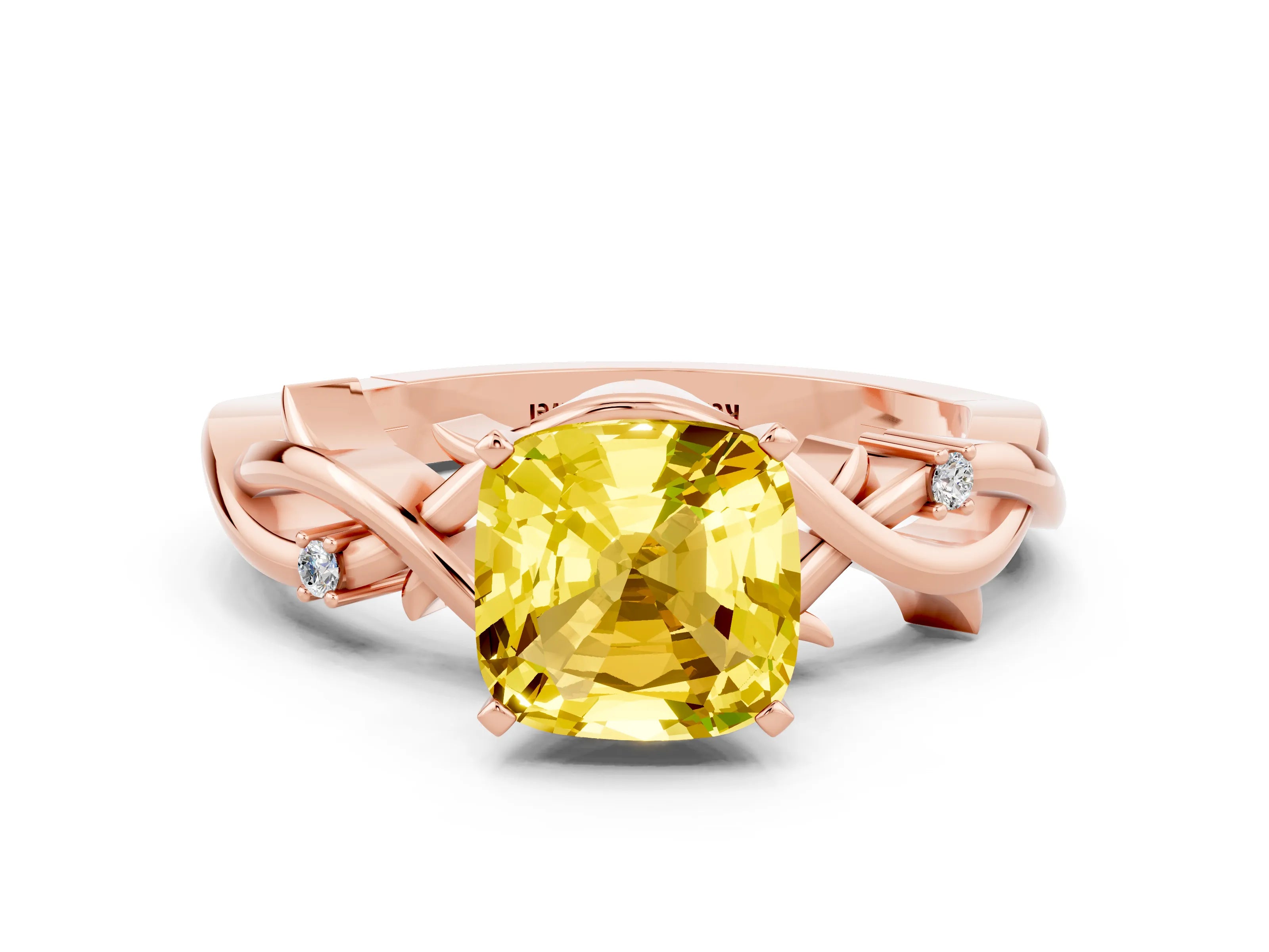 Rose gold Cushion Cut Yellow Sapphire Solitaire Ring with Twisted Band and Prong Setting