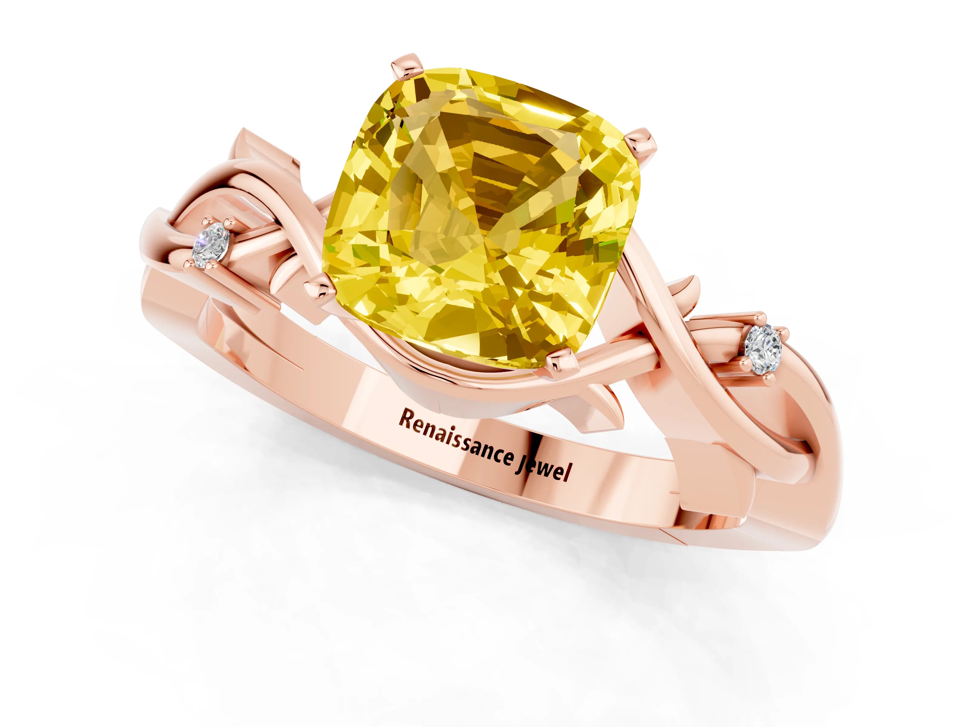 Rose gold Cushion Cut Yellow Sapphire Solitaire Ring with Twisted Band and Prong Setting_1
