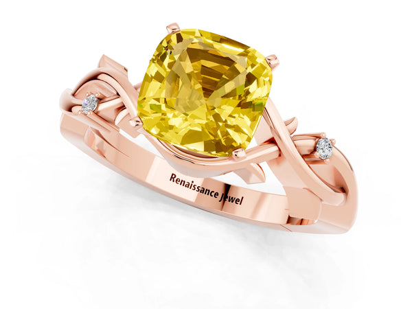 Rose gold Cushion Cut Yellow Sapphire Solitaire Ring with Twisted Band and Prong Setting