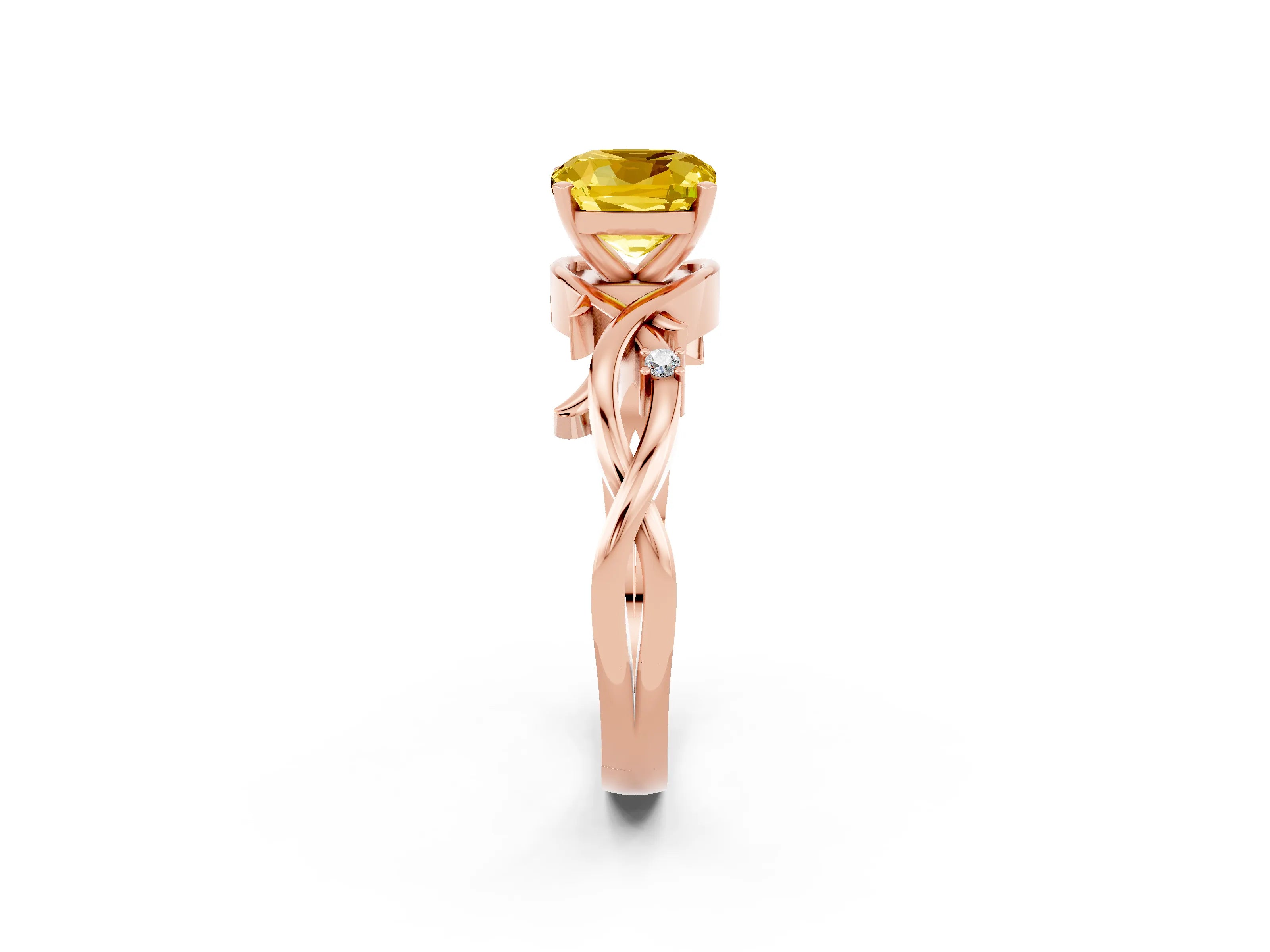 Rose gold Cushion Cut Yellow Sapphire Solitaire Ring with Twisted Band and Prong Setting_2