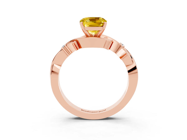 Rose gold Cushion Cut Yellow Sapphire Solitaire Ring with Twisted Band and Prong Setting