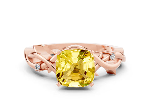 Rose gold Cushion Cut Yellow Sapphire Solitaire Ring with Twisted Band and Prong Setting