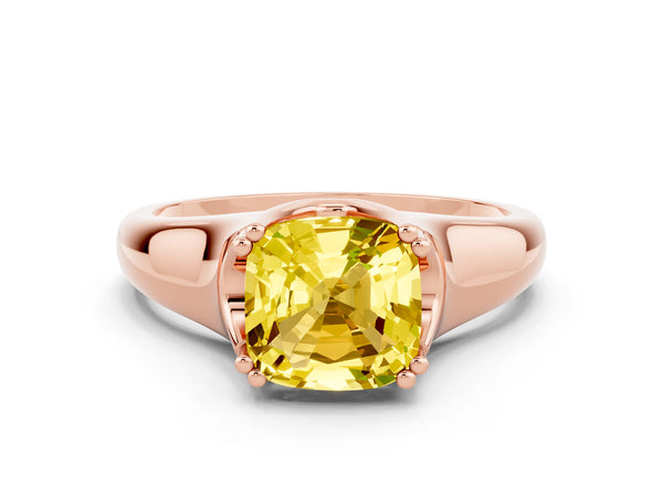 Rose gold Cushion Cut Yellow Sapphire Solitaire Ring with Wide Band and Prong Setting