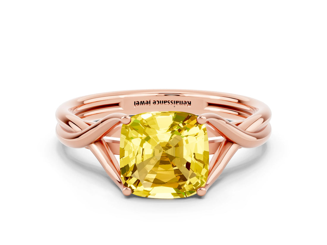 Rose gold Cushion Cut Yellow Sapphire Solitaire Twist Band Prong Setting Ring_96