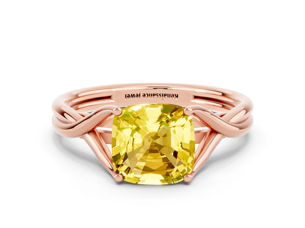 Rose gold Cushion Cut Yellow Sapphire Solitaire Twist Band Prong Setting Ring