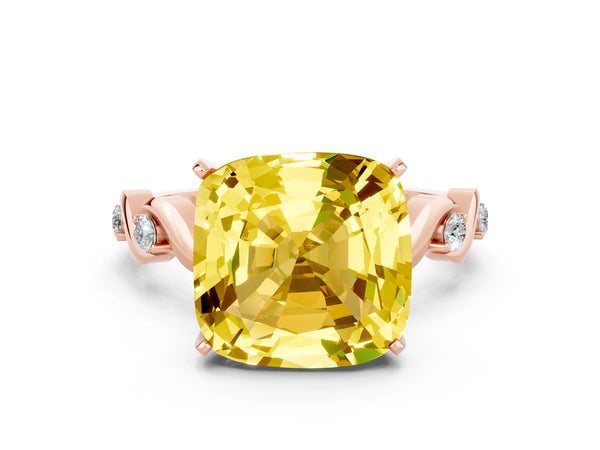 Rose gold Cushion Cut Yellow Sapphire Solitaire Twisted Band with Round  Accents and Prong Setting